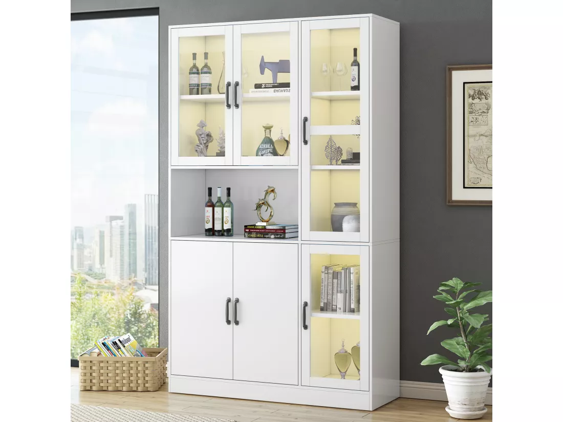 Vitrine Buffet haut 6 portes et 1 compartiment - LEDs - Bois en MDF - Blanc - 120 x 40 x 200 cm