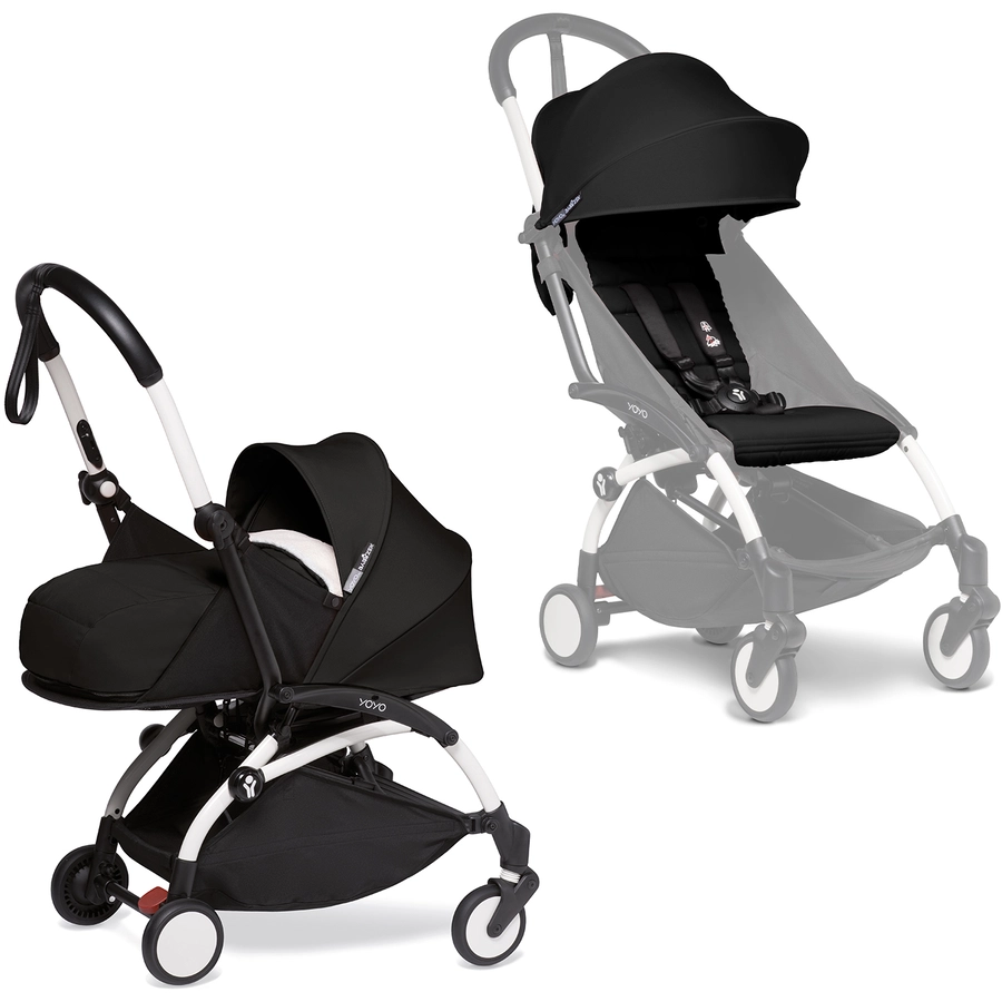 BABYZEN Kinderwagen YOYO2 0+ White mit Neugeborenenaufsatz und Textilset Black