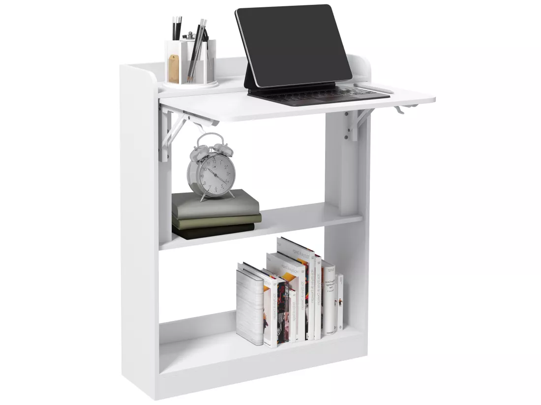 Bureau mural pliable d'appoint table murale rabattable suspendue avec bibliothèque 3 étagères panneaux blanc