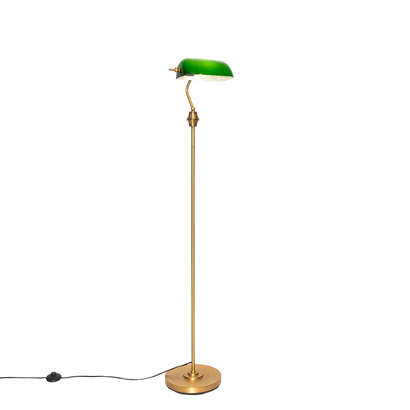 QAZQA - Klassieke I Antieke Klassieke Notaris Vloerlamp Brons met Groen Glas - Bankier I Woonkamer I Slaapkamer I Bankierslamp - Staal Langwerpig - LED Geschikt E27