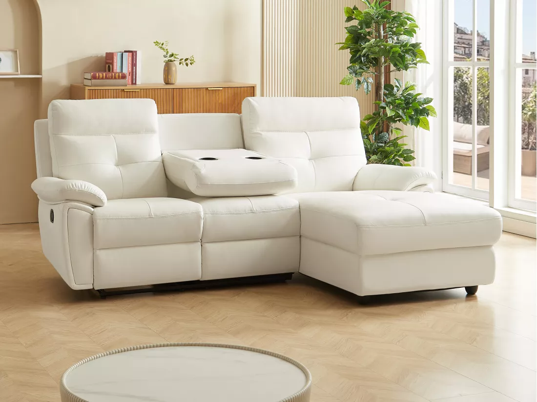 Canapé d'angle droit relax en cuir blanc VINETA