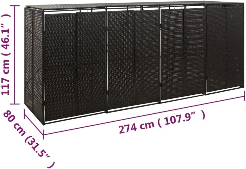 vidaXL Mülltonnenbox Müllbox Mülltonnenverkleidung Mülltonnenhaus Gartenbox Müllcontainer für 4 Tonnen Schwarz 274x80x117cm Poly Rattan