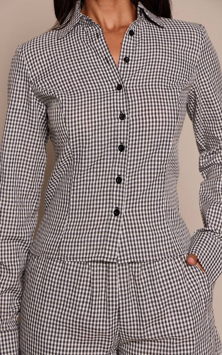 Noir Chemise Ajustée À Manches Longues À Carreaux Vichy Avec Boutonnage Petite