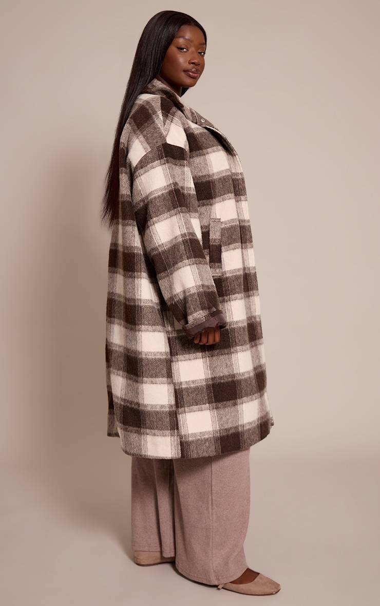 Marron Manteau Long Grande Taille À Carreaux Structuré Double Boutonnage Effet Laine