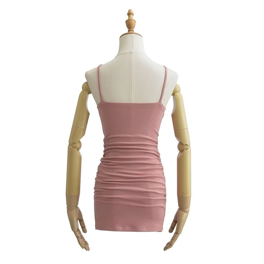 Asiris - Mini-jurk met spaghettibandjes, vierkante hals en geribbelde, effen bodycon-stof