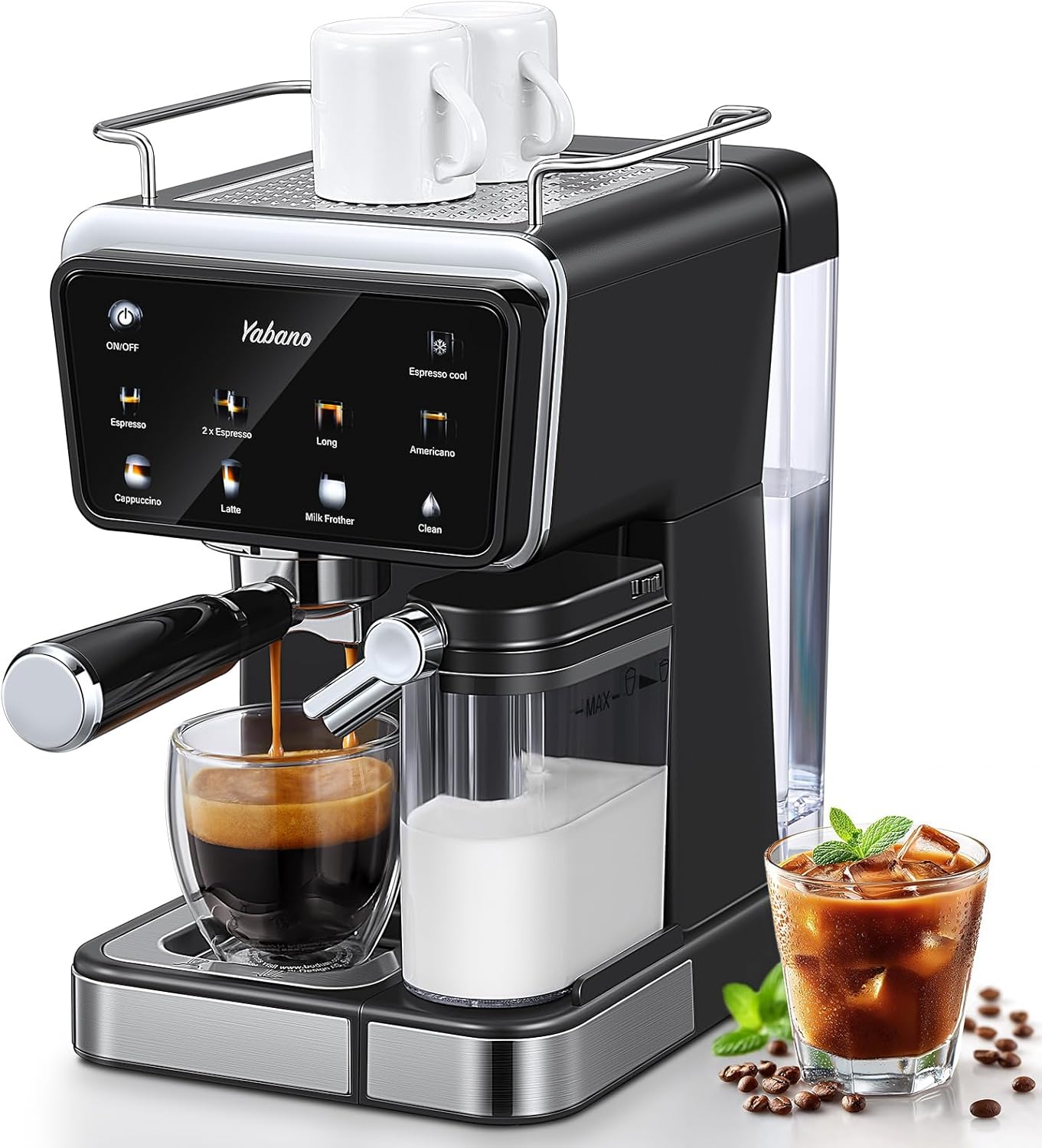Yabano Espressomaschine Siebträgermaschine 20 Bar mit 500ML Automatischer Milchaufschäumer, 6 Getränke, Modernes Farb-Touchscreen-Display, 1.5L Wassertank, Cappuccino & Latte Kaffeemaschine, 1350W