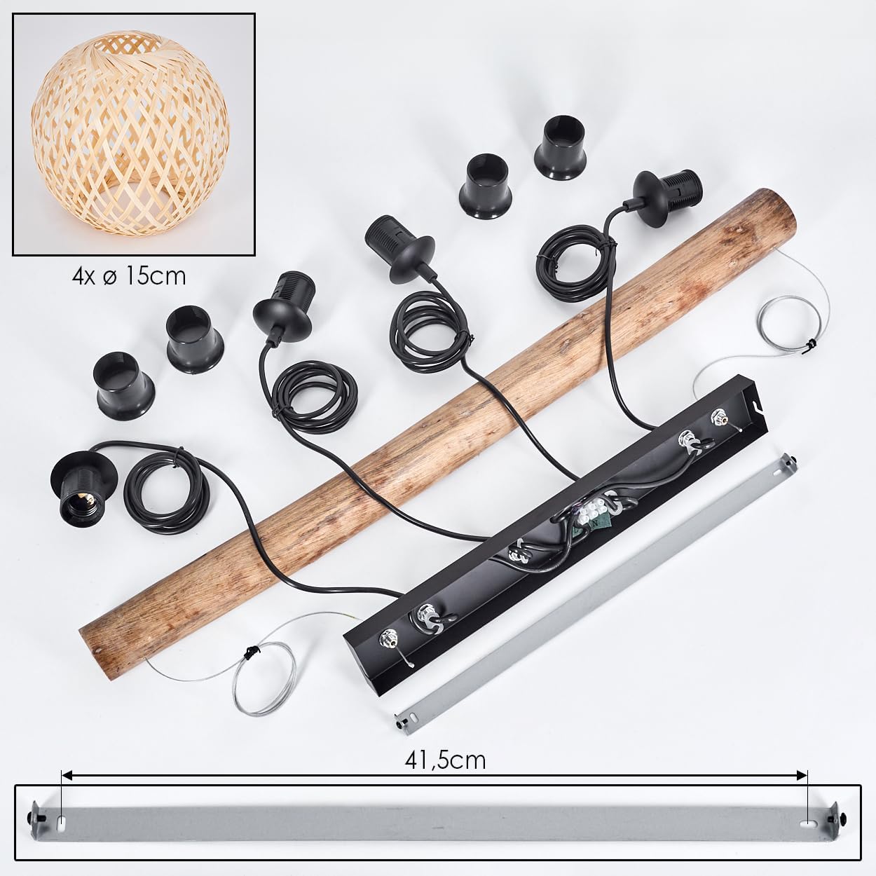 HOFSTEIN Pendelleuchte Basto, 4-flammige Hängelampe aus Metall/Holz/Bambus in Schwarz/Natur, Boho Hängeleuchte mit Bambusschirmen u. Holzbalken, Höhe max. 150cm, E27, Esszimmer, Wohnzimmer, Küche