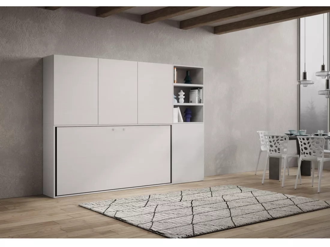 Lit escamotable horizontal blanc Bounto 85x185 avec rangement et bibliothèque composition F-1 matelas 85x185