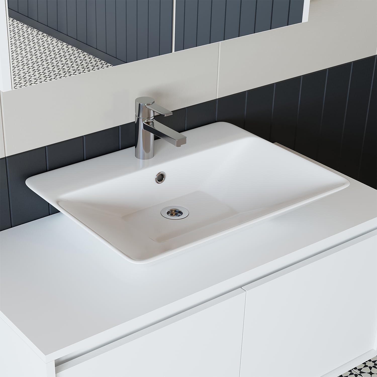 • Badezimmermöbel Set • Atlantic • 4 Teilig Badezimmerschrank • 100 cm Unterschrank mit Keramikwaschbecken • Spiegelschrank • Hochscrank (Weiß, Waschbecken mit Unterschrank)