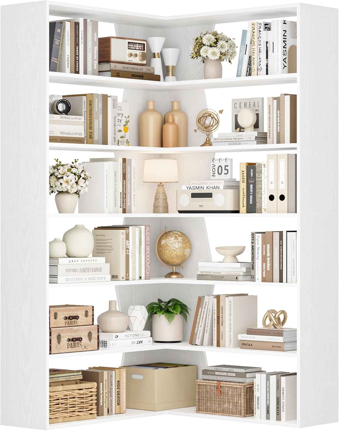 FirFurd 190 cm Eckregal stehend Bücherregal Eckbücherregal mit 6 Ebenen, L-förmiger Eckschrank Hochschrank Bücherschrank Eckvitrine für Arbeitszimmer Wohnzimmer Küche, 90x90x190.5cm, weiß