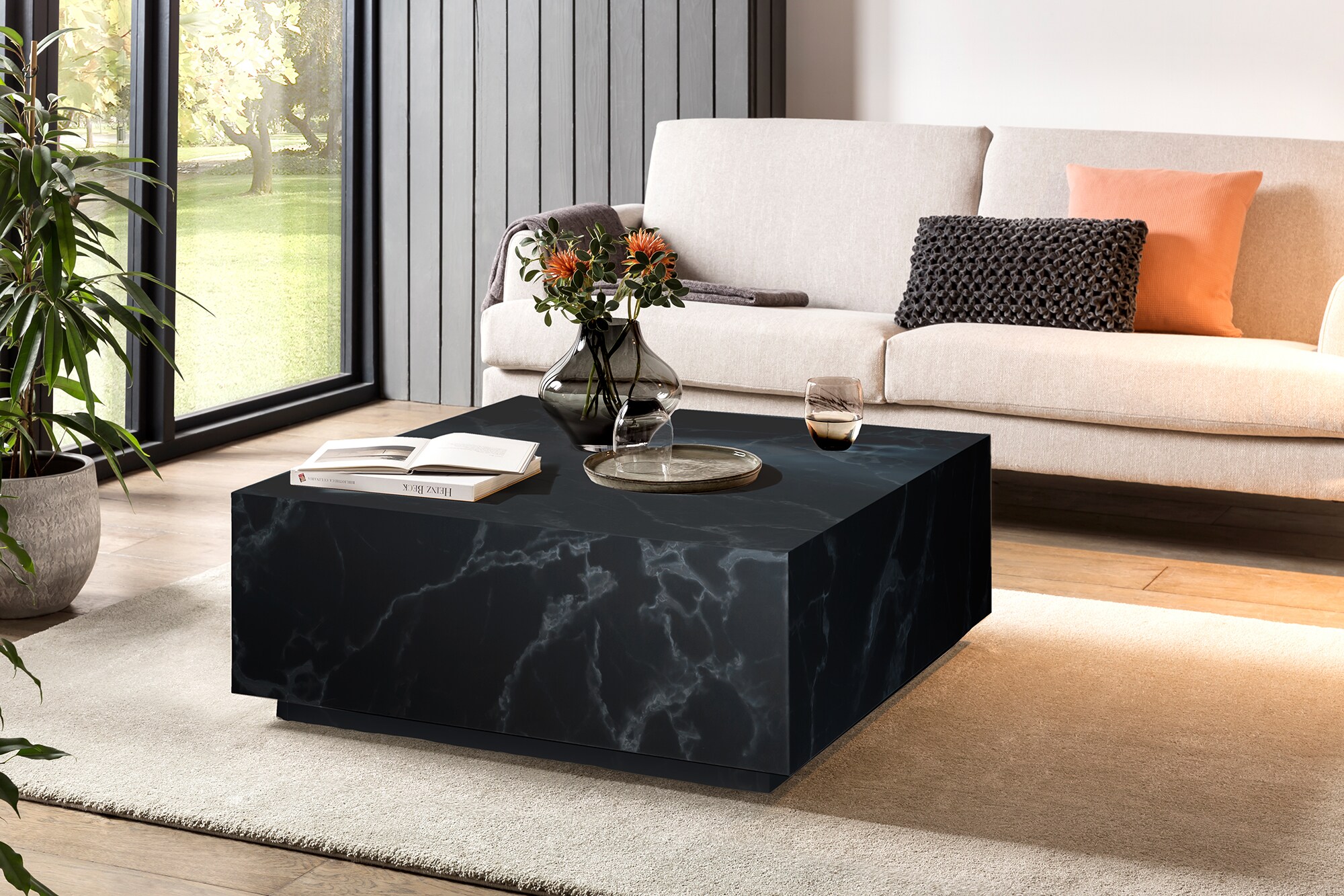 Couchtisch 90x90 schwarz Marmor Optik Wohnzimmertisch Beistelltisch Sofatisch