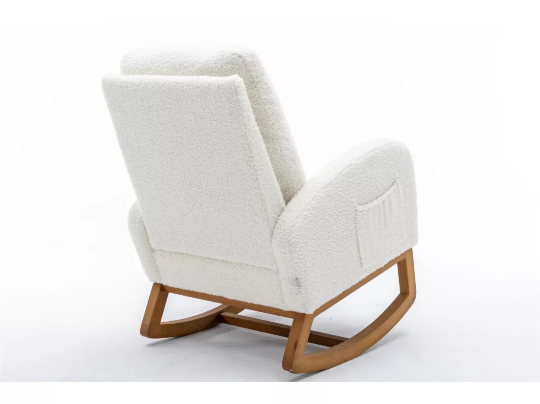 Fauteuil à Bascule - Rocking chair - Dossier Capitonné Pieds en Bois - Style Scandinave - Blanc