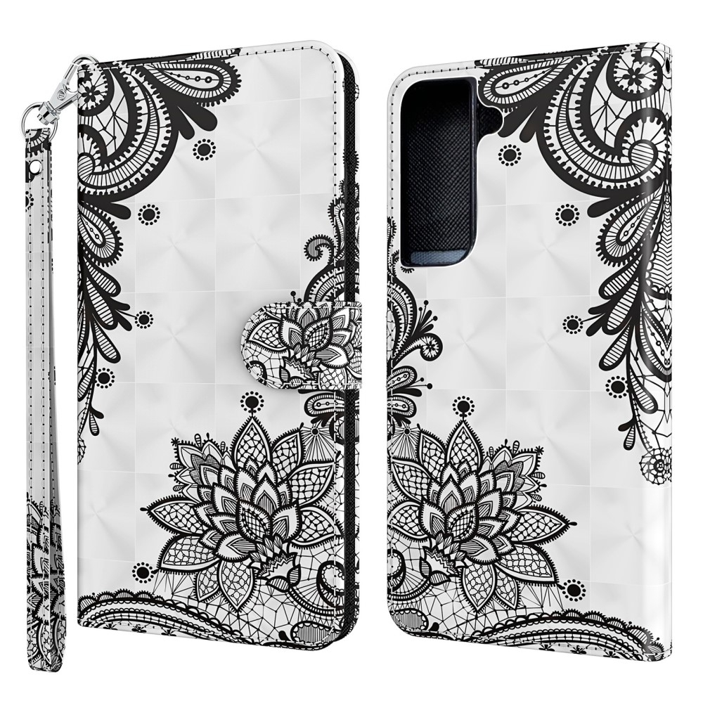Samsung Galaxy S22 5G Leder Tasche mit Kartenfach   Handschlaufe - Blumen Mandala (Weiss)