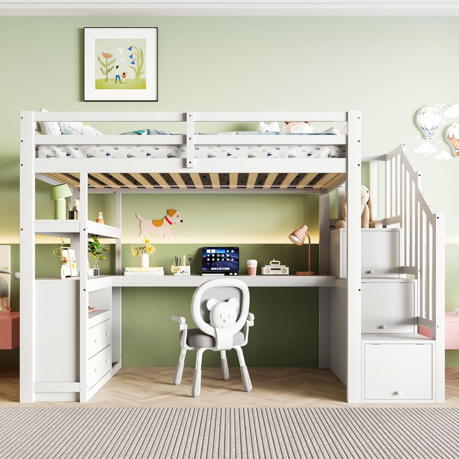 Hochbett mit Schreibtisch und Treppe, Etagenbett Kinderbett mit Stauraumschubladen und Regale, 90x200cm Stockbett Funktionsbett Kinderhochbett Jugendhochbett, inklusive Lattenrost, ohne Matratze,Weiß