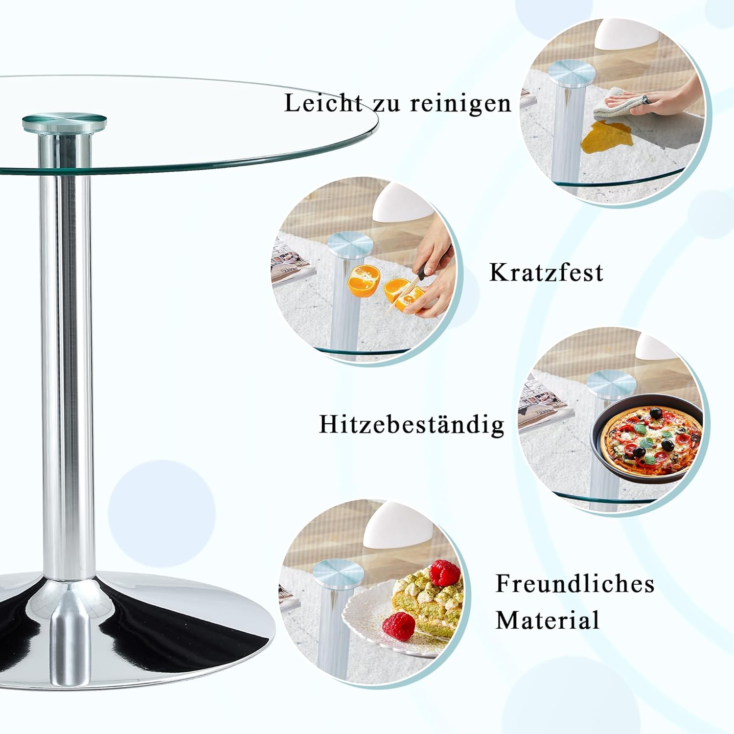 HAINEW Runder Glas Esstisch, Küchentisch Glastisch Esszimmertische mit Silberne runde Metallbeine für Esszimmer Wohnzimmer Küche, 85×85×76cm, HNDE2025111203 (85×85×76cm)