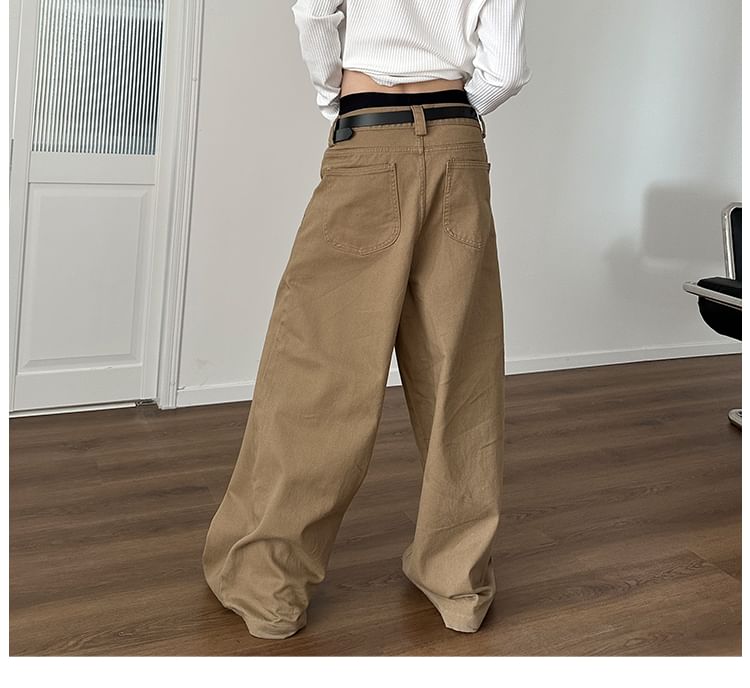 Nahagin - Low Rise Plain Washed Wide Leg Jeans
