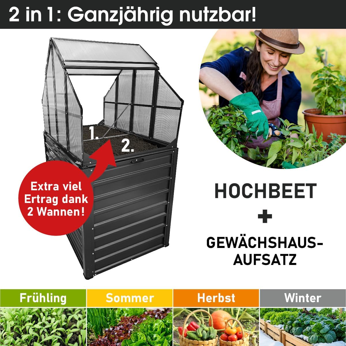 BRAST 2in1 Hochbeet mit Alu Gewächshaus-Aufsatz | Integriertes Drainage-System | 2 Größen zur Auswahl | wetterfest | 4mm Hohlkammerplatten | 2 Pflanzwannen | Pflanzbeet | 120x80x167cm