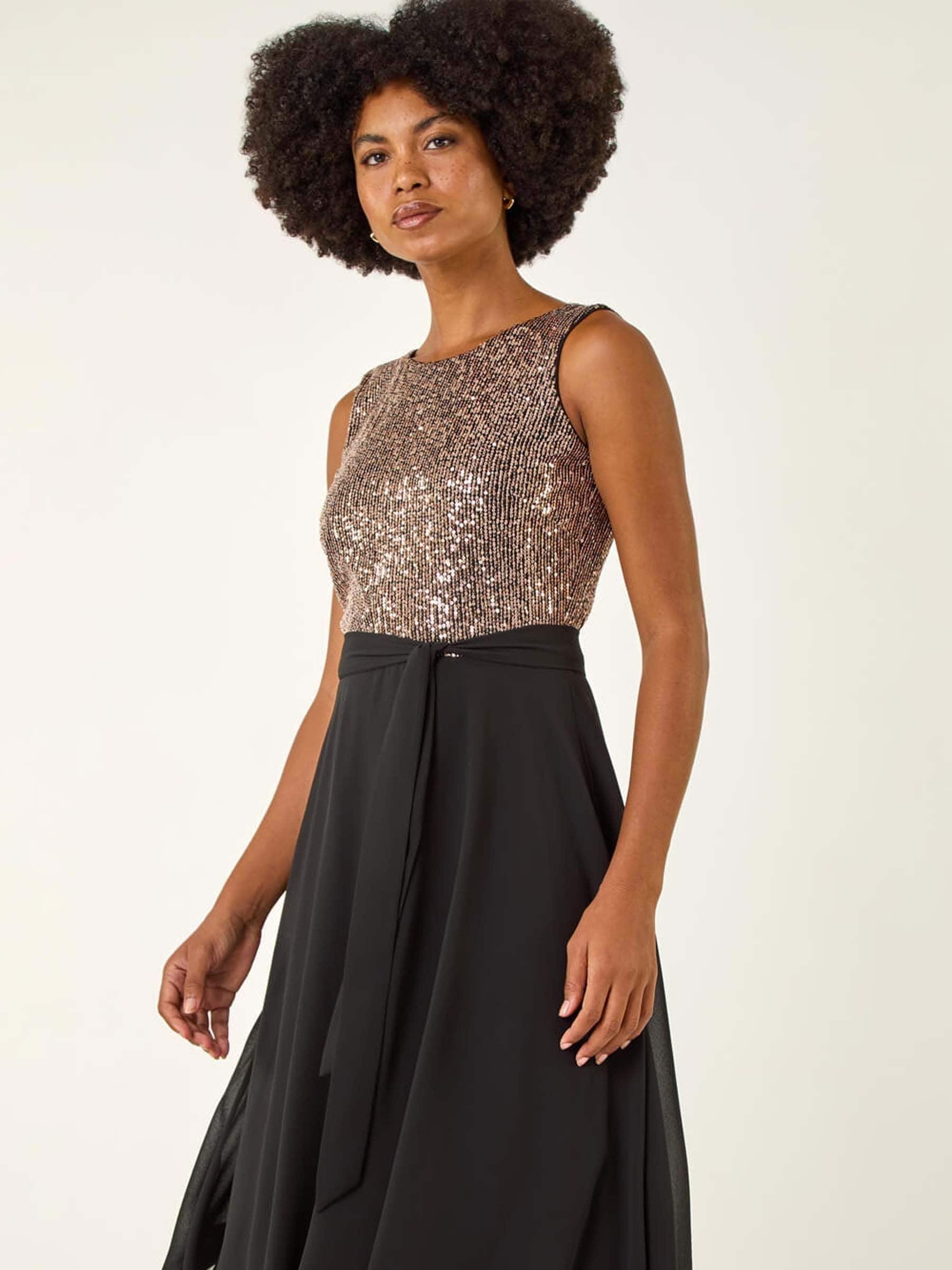 Metallic - Roman Sequin Bodice Belted Chiffon Dress