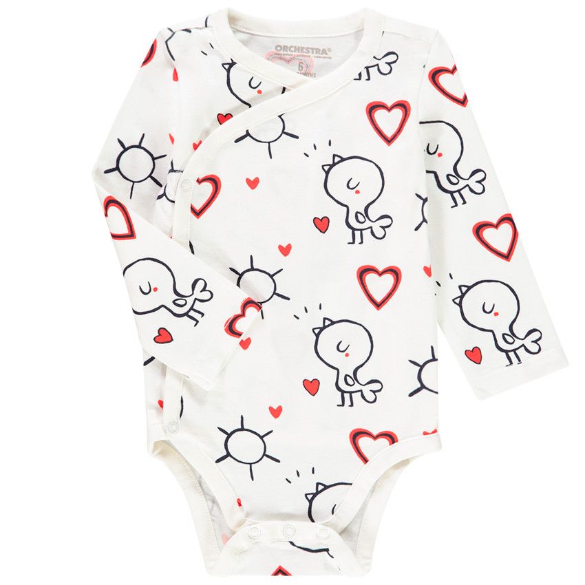 Lot de 7 bodies manches longues en coton bio print oiseau pour bébé fille - Ecru