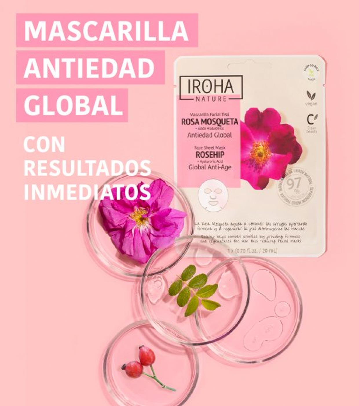 Iroha Nature - Máscara facial de tecido antienvelhecimento global - Rosa Mosqueta