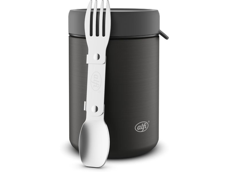 Alfi Thermo-Foodbehälter 0.35 l, Schwarz Matt Outdoor-Behälter aus Edelstahl mit Göffel