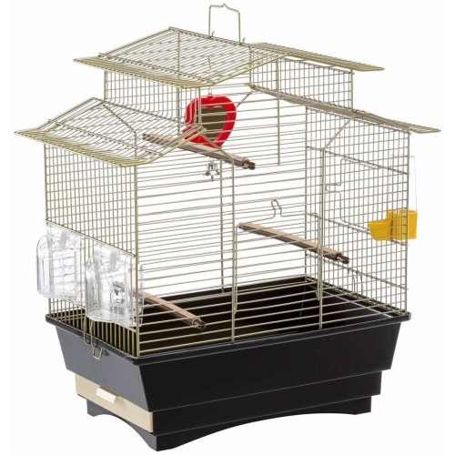 Gaiola para pássaros com 3 poleiros, latão antigo/preto