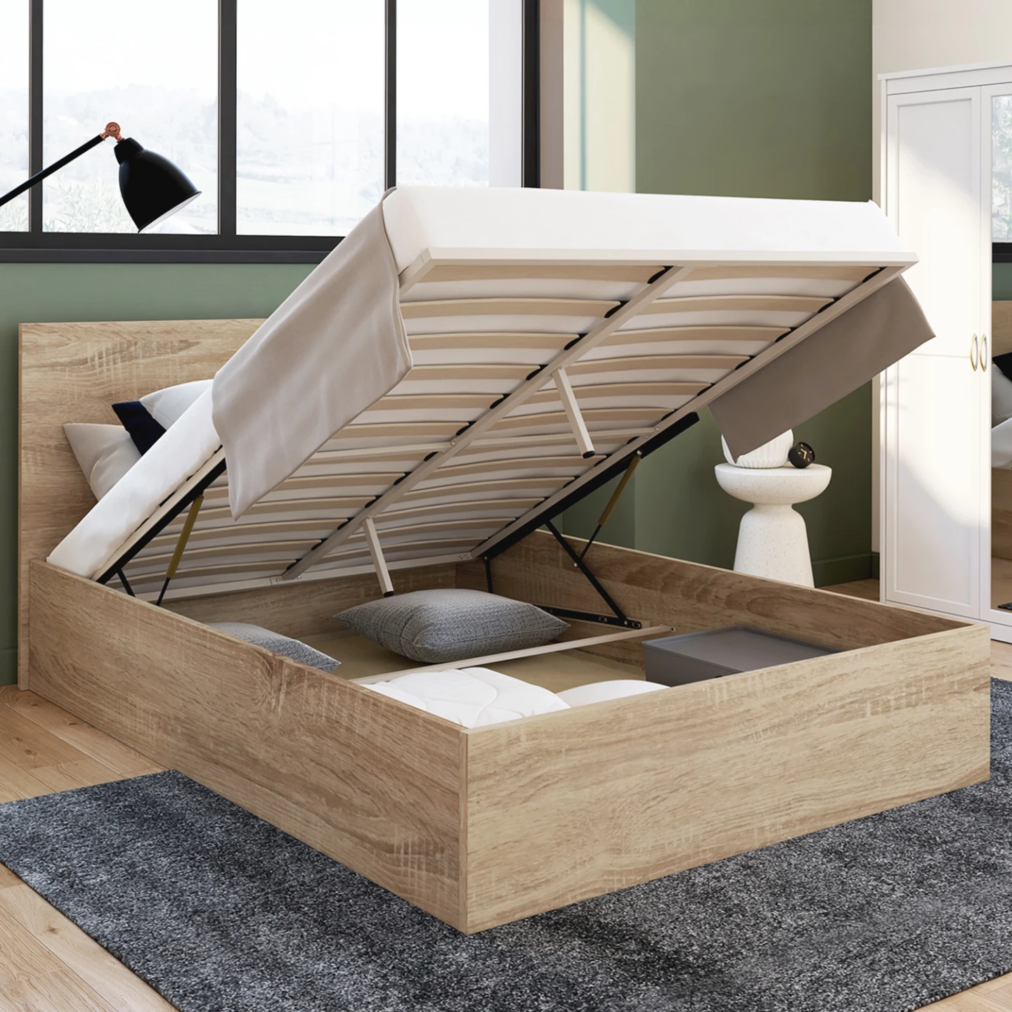 Lit coffre double SEASIDE avec tête de lit et sommier 140x190 cm façon hêtre