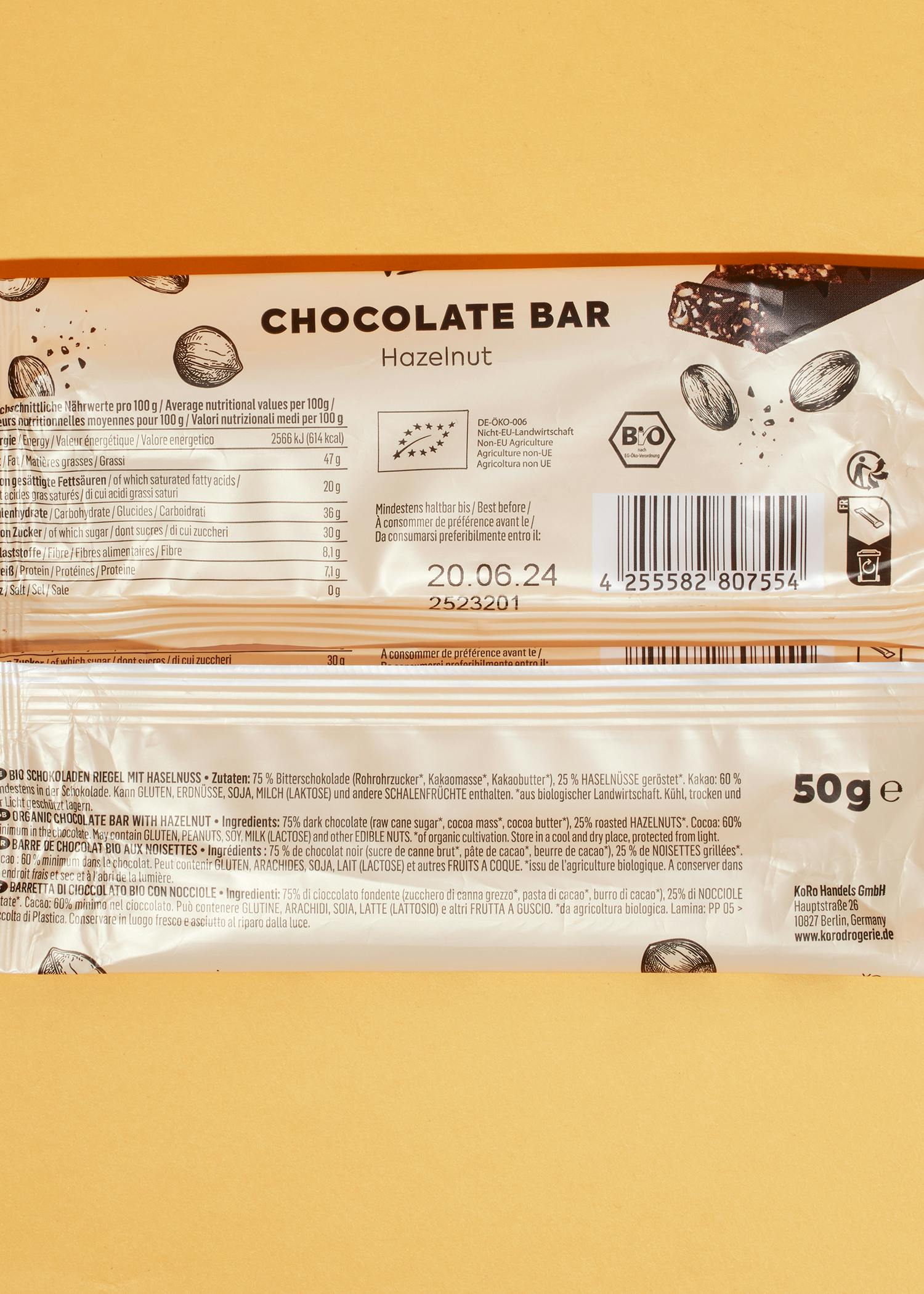 Veganer Bio Schokoriegel mit Haselnüssen 56 x 50 g