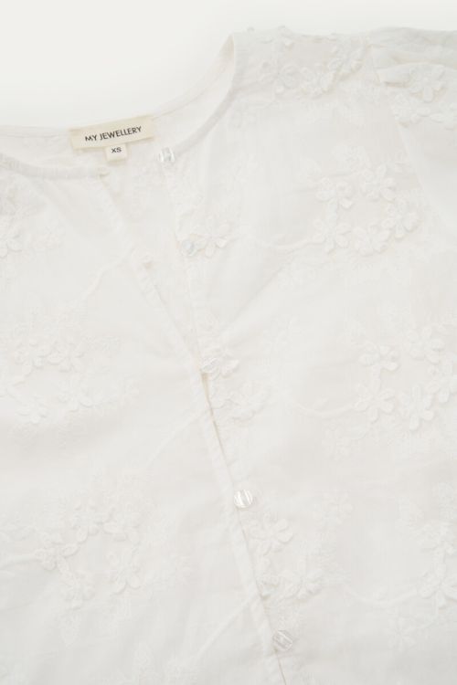 Witte blouse met trompetmouwen en 3D bloemen
