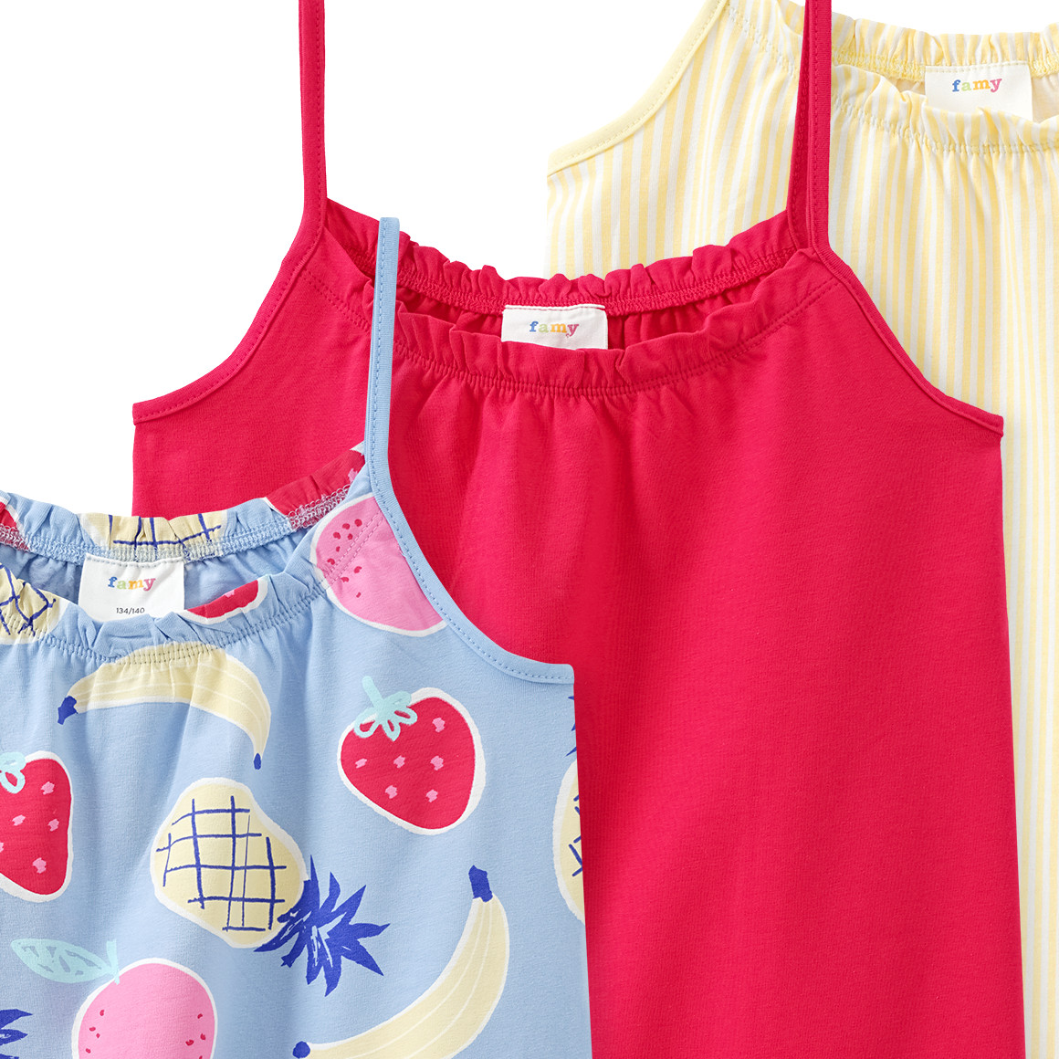 Famy 3 Mädchen Tops mit bunten Motiven hellblau / rot / hellgelb