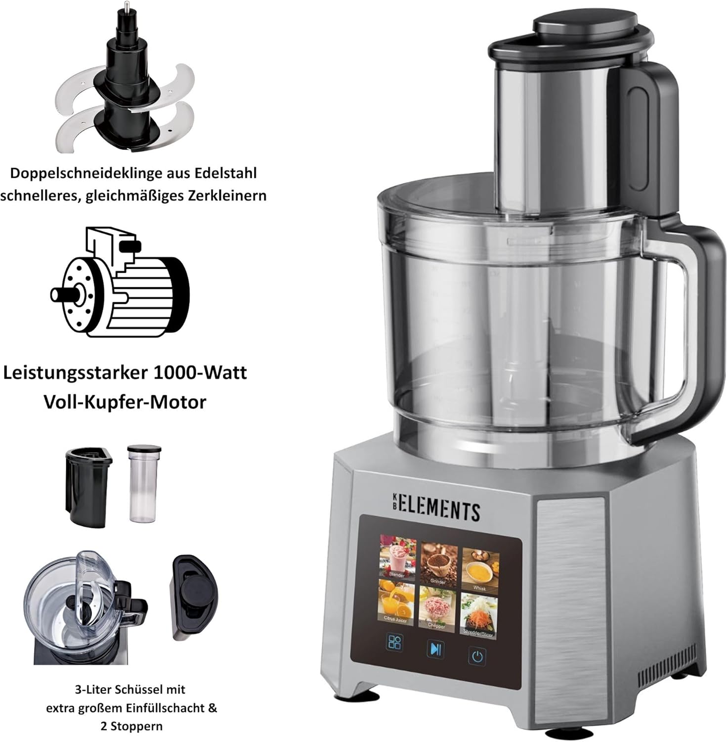 Küchenmaschine - Mixer, Gemüseschreider, 1000W Voll Kupfer Motor, Full Touch Display, 3 Liter Schüßel, Doppelschneideklinge, Edelstahl