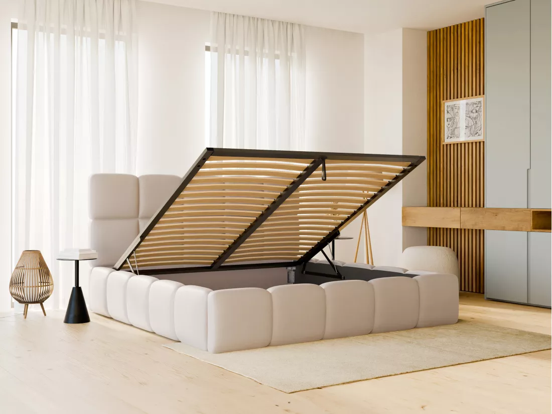 Lit coffre 180 x 200 cm - Tissu effet cuir - Beige - DAMADO II de Pascal Morabito
