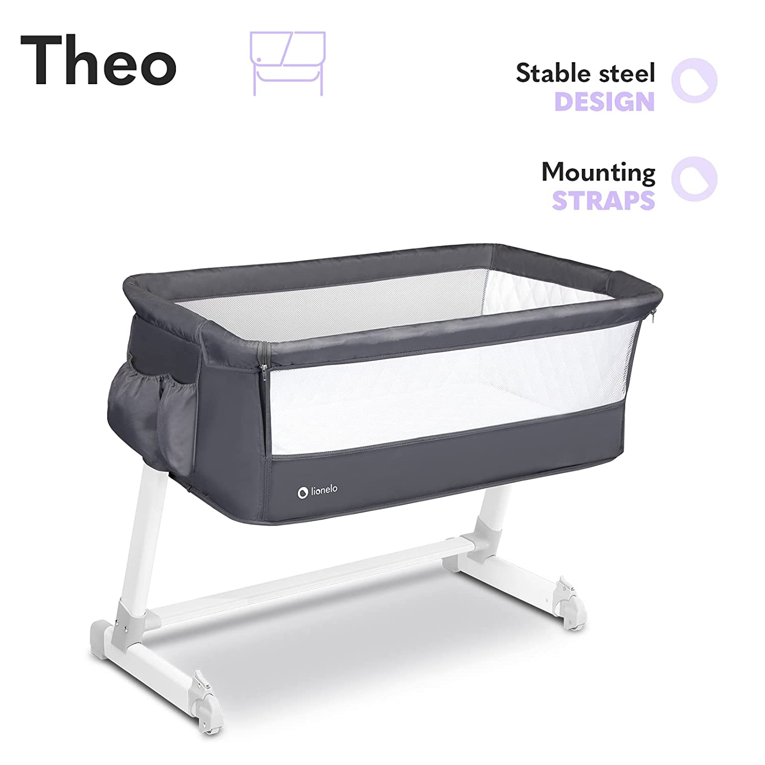 Lionelo Theo dark grey Baby Beistellbett Kinderbett dunkelgrau
