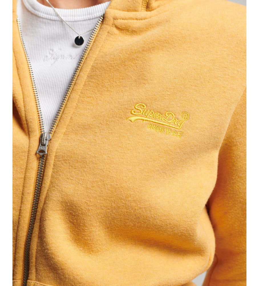 Moletom com zíper Superdry e logo vintage bordado na cor amarela.