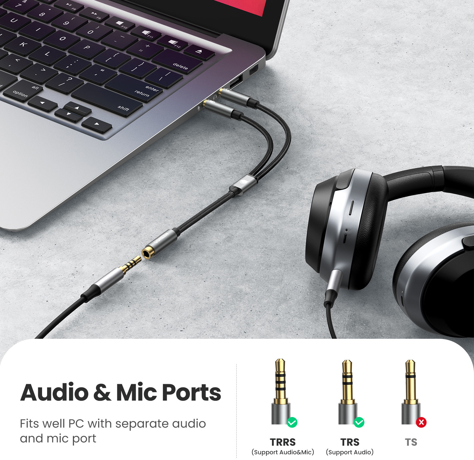 (20cm) Y-Splitter 3.5mm Klinke (w)  2x 3.5mm Klinke (m) Audio AUX Nylon Kabel (20899) - Grau