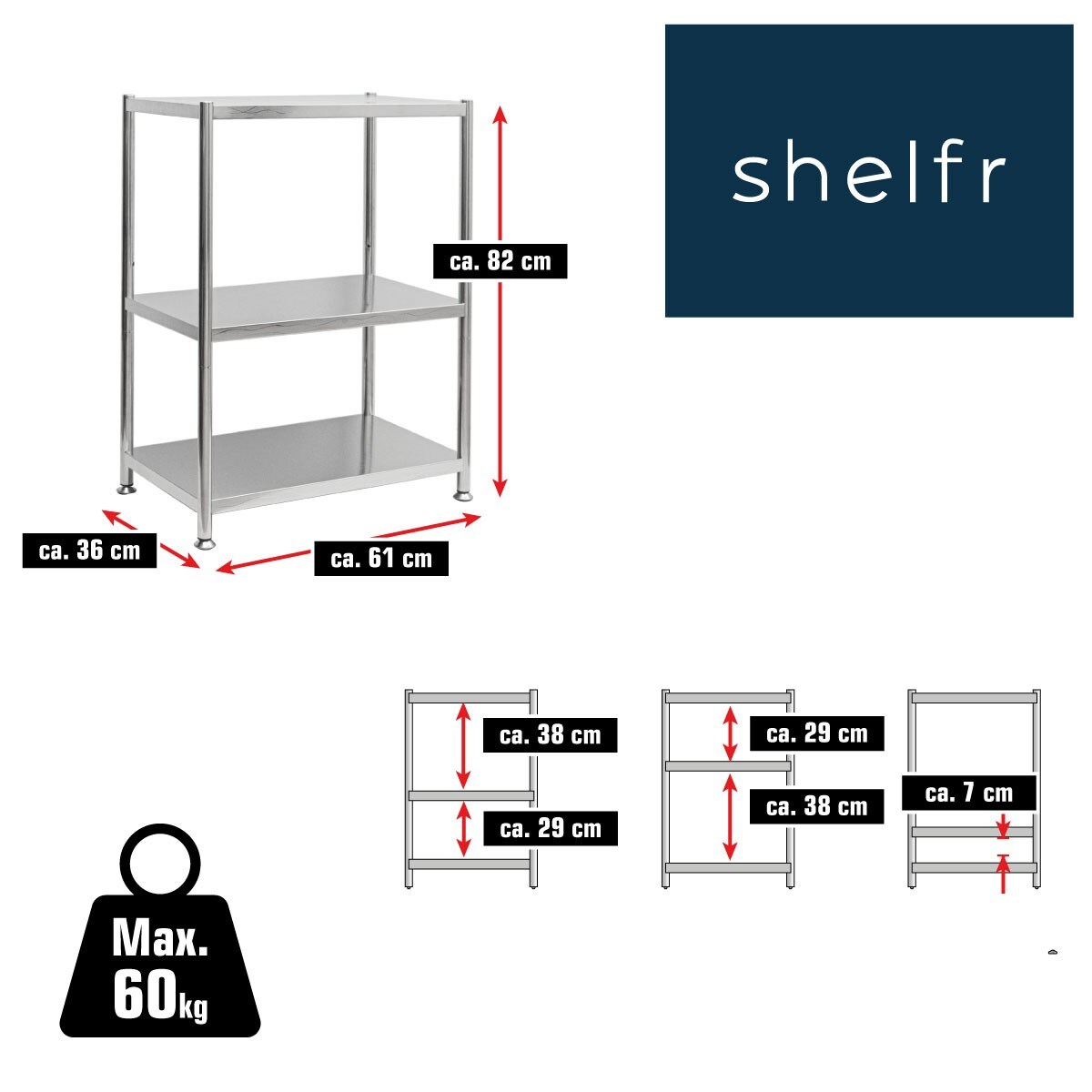 3 Ebenen Edelstahl Regal - 61x36x82 Schwerlastregal bis 60kg - Metallregal Küche