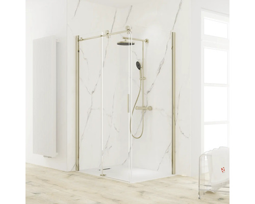 Douchedeur met zijpaneel en schuifdeur SCHULTE MasterClass 120 x 90 cm, goudkleurig profiel, helder glas, deur linksdraaiend, zijpaneel rechtsdraaiend