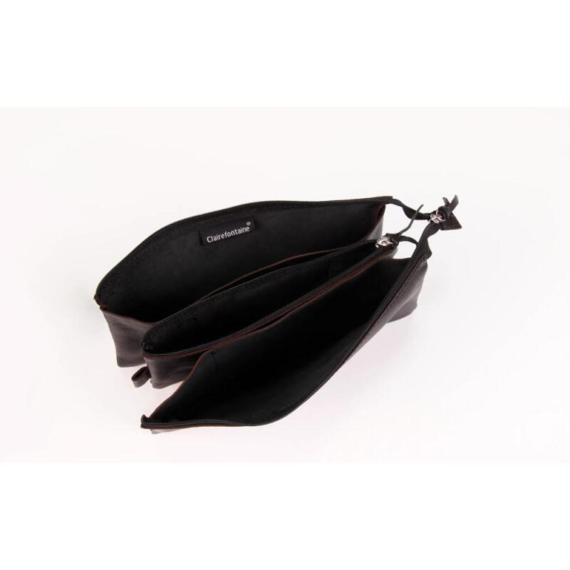 CUIR NOIR Trousse plate avec 3 compartiments. - Noir