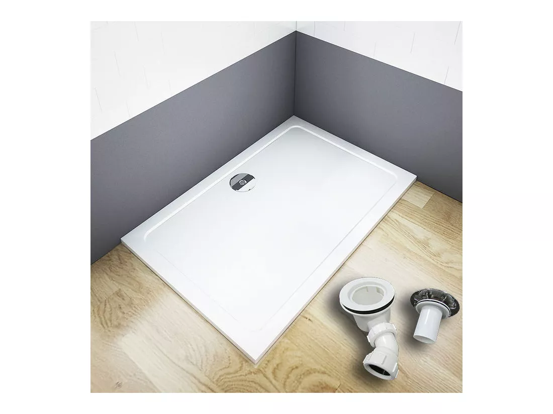 Receveur de douche blanc 80x70x3cm rectangulaire, extra-plat, gel coat, bac à douche anti-dérapant avec bonde de receveur et siphon 90cm