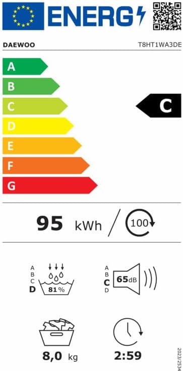 Daewoo T8HT1WA3DE Wärmepumpentrockner, C, 8 kg, Programmknebel und SoftTouch-Bedienung mit LED-Display, 15 Programme, Trommelinnenbeleuchtung, Weiß