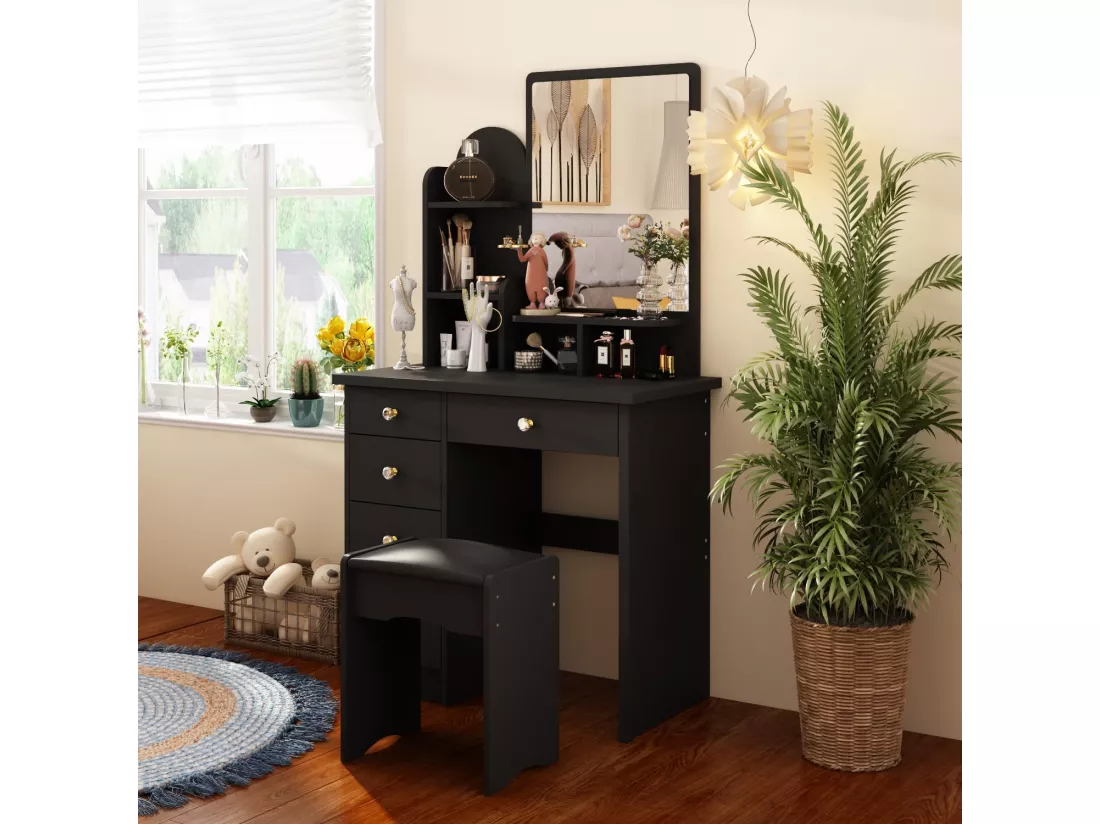 Coiffeuse avec tabouret et miroir Compariment étagères 80x40x140cm Noir