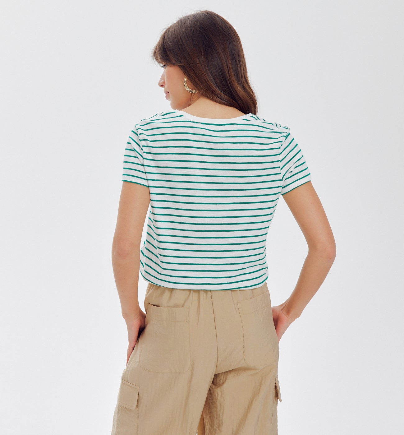 T-shirt col V Femme - Rayé vert