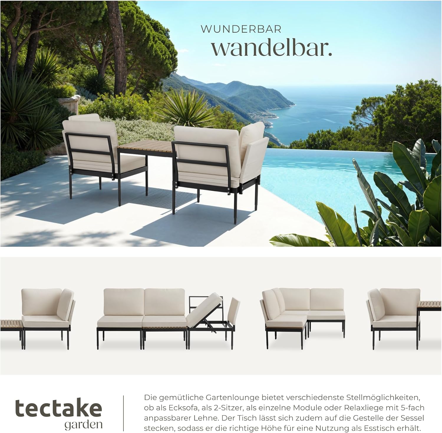 tectake® 5-in-1 Gartenlounge Set, Gartenmöbel mit Outdoor Kissen wetterfest, Lounge Sessel, Liege oder Gartenbank, Balkontisch, Balkonmöbel Kleiner Balkon, Lounge Möbel Outdoor, Terrasse, Holz Optik