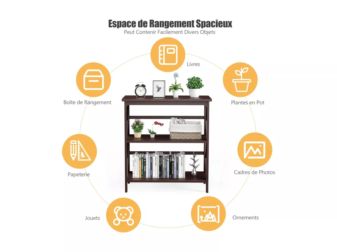 Bibliothèque étagère de rangement,en bois à 3 niveaux, dispositif anti-basculement (café)