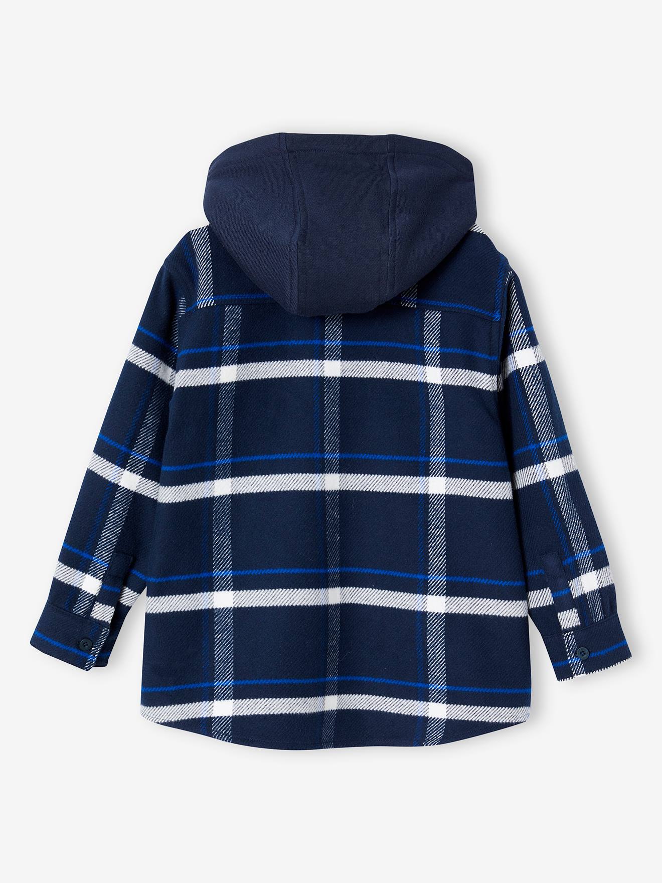 Camisa de flanela azul marinho com capuz e estampa xadrez grande para meninos