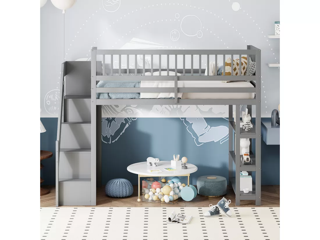 Lit mezzanine 90x200 cm en bois - avec étagères et une penderie - avec barres hautes - Gris