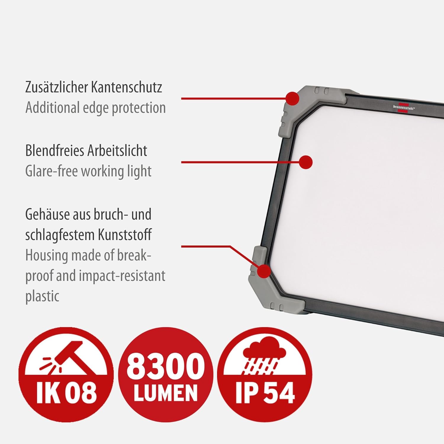 Brennenstuhl LED Baustrahler DINORA 8060 (67W, 8300lm, 5700K, IP54, LED Arbeitsstrahler mit Steckdose, 5m RN-Kabel, bruch- und schlagfestes Kunststoffgehäuse)