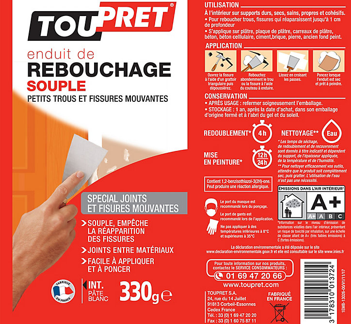 Enduit de rebouchage souple blanc Toupret 330g