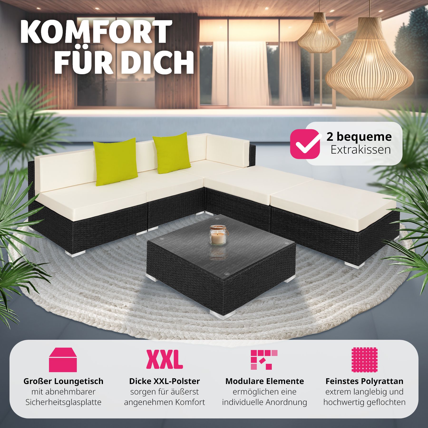 tectake® Rattan Lounge, mit Aluminiumgestell, UV-beständig, mit Sicherheitsglasplatte