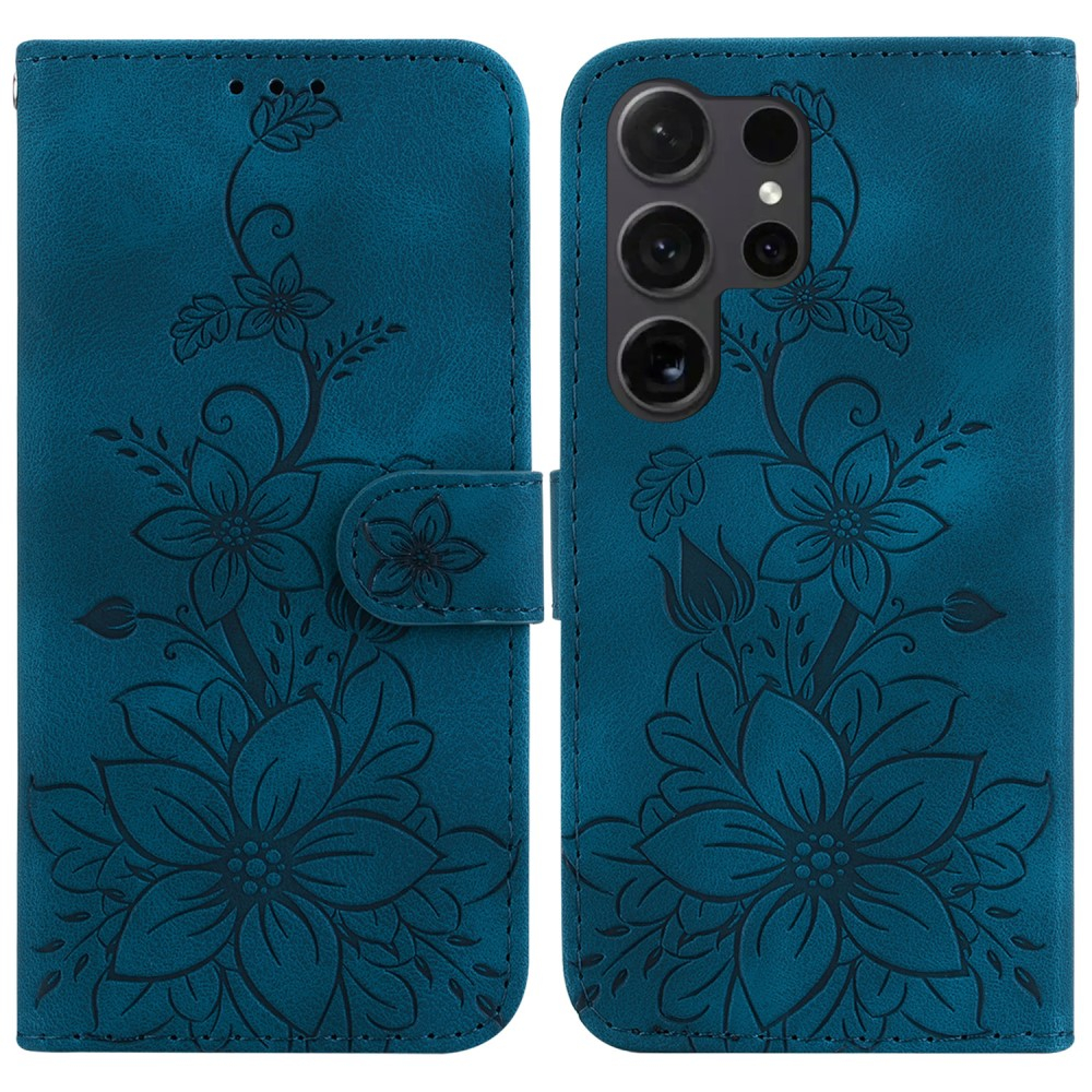 Samsung Galaxy S25 Ultra Leder Tasche Wallet - Blumen Imprint - Dunkelblau